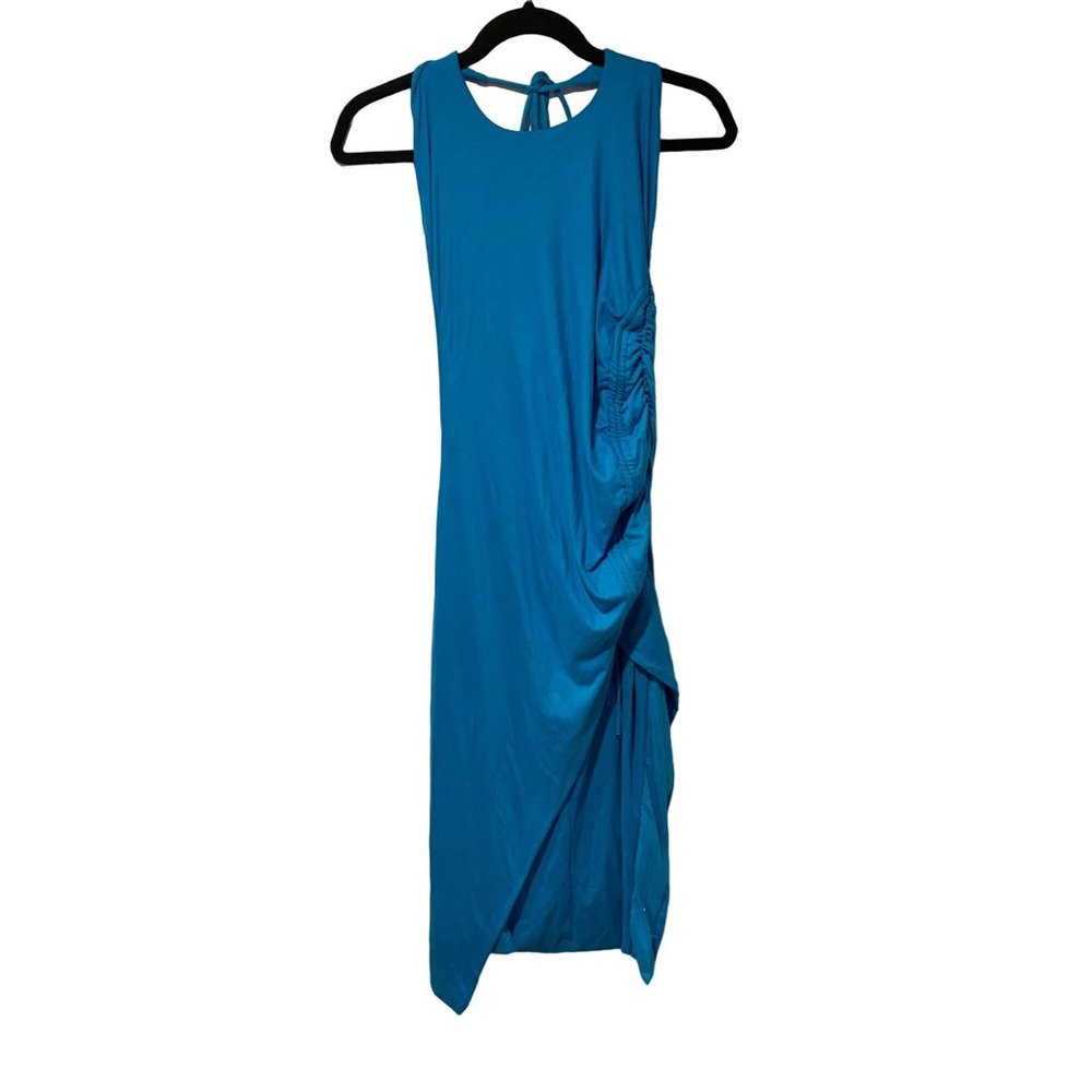 NWT Fashion Nova size L blue midi dress with side slit, cinching, and halter top